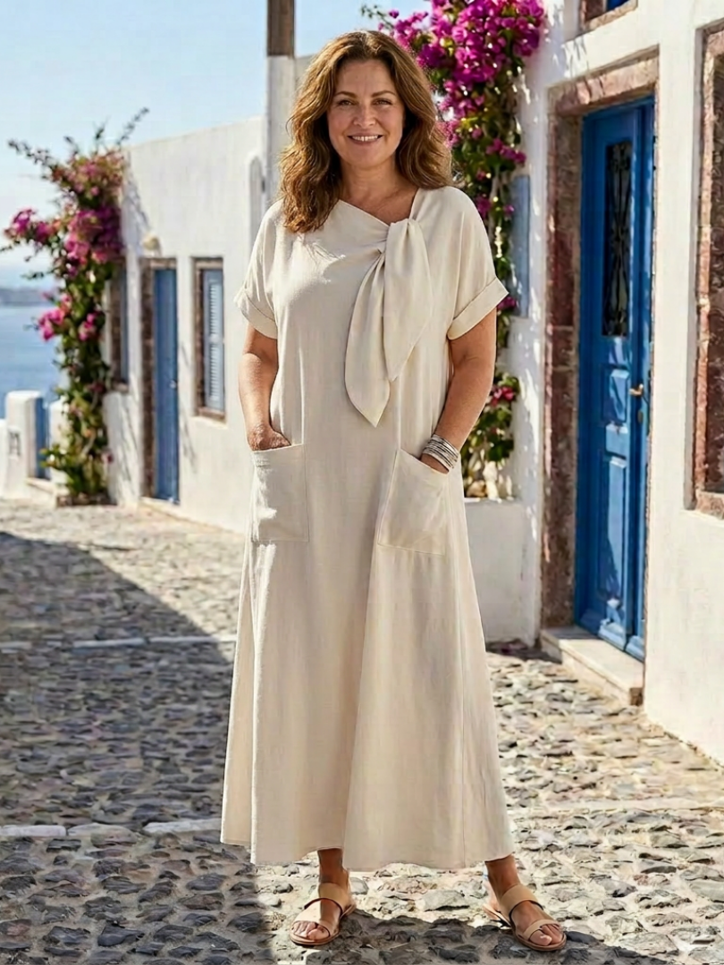 Vestido maxi mujer de lino cuello redondo fluido