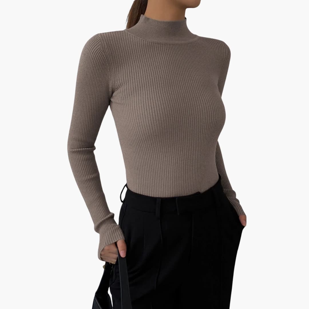 Jersey mujer de punto cuello alto falso corte entallado