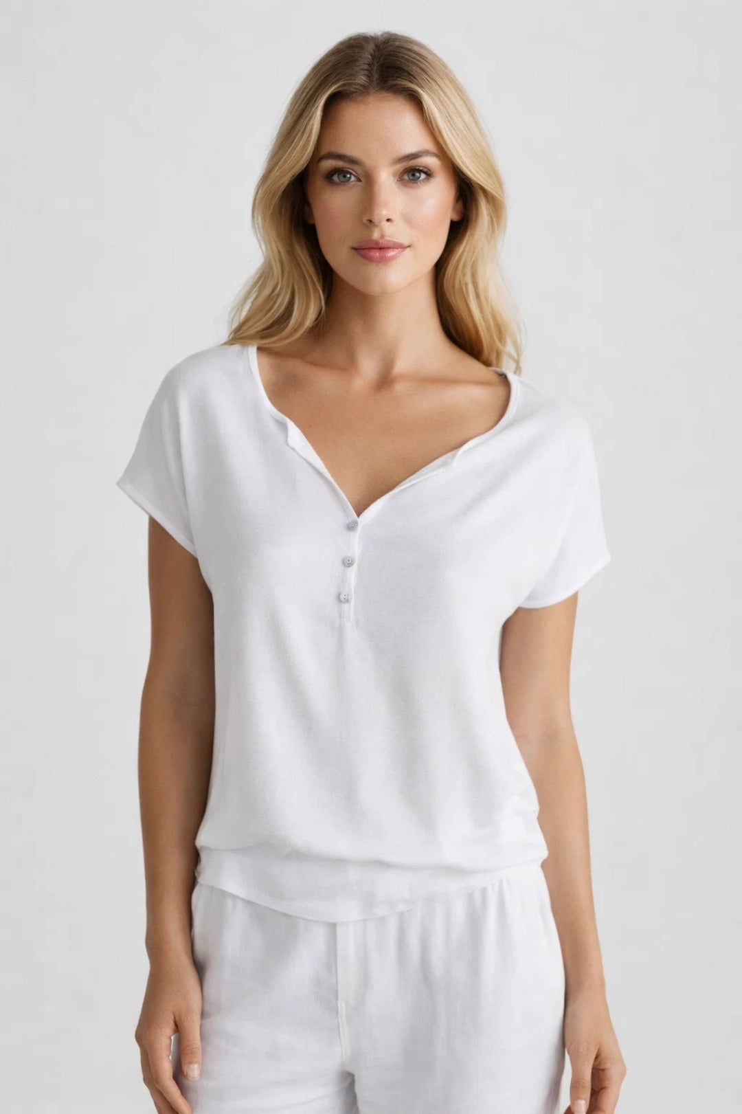 Camiseta mujer poliéster cuello en V manga corta estilo pulóver