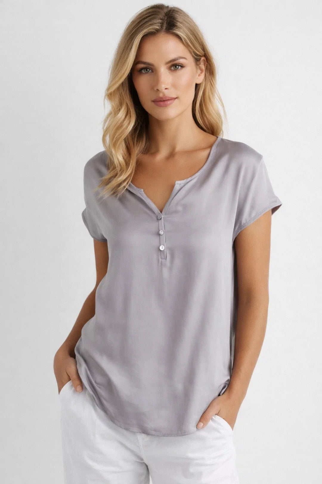 Camiseta mujer poliéster cuello en V manga corta estilo pulóver