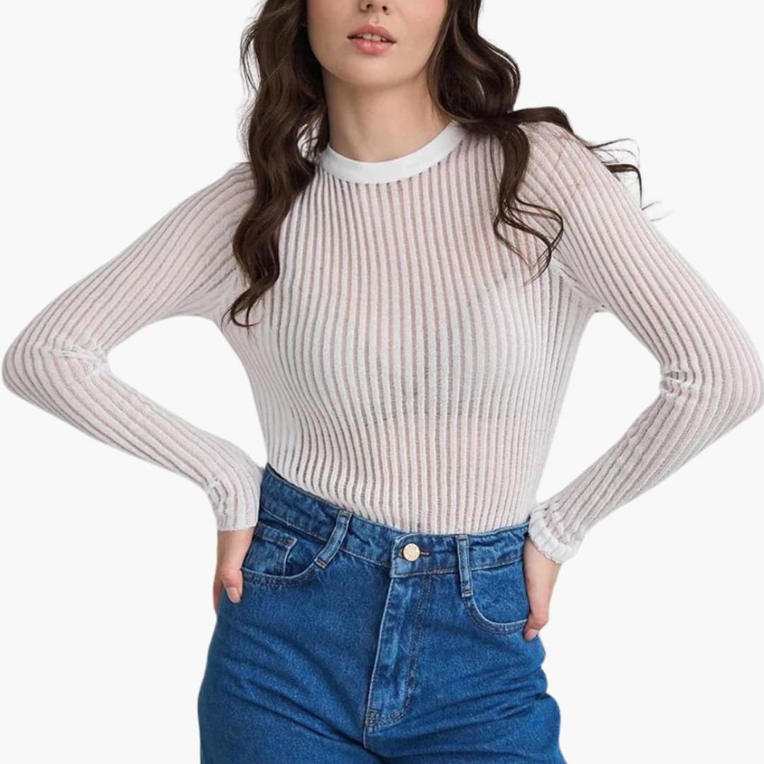 Jersey Mujer de Punto Calado Cuello Redondo Manga Larga