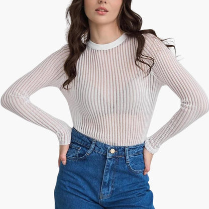 Jersey Mujer de Punto Calado Cuello Redondo Manga Larga