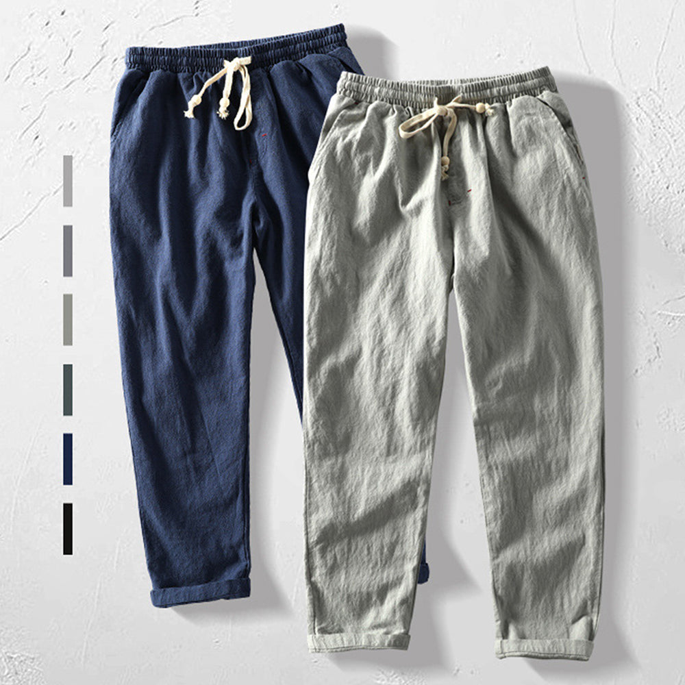 Pantalones Hombre de Lino Corte Recto Cintura Elástica Ajustable