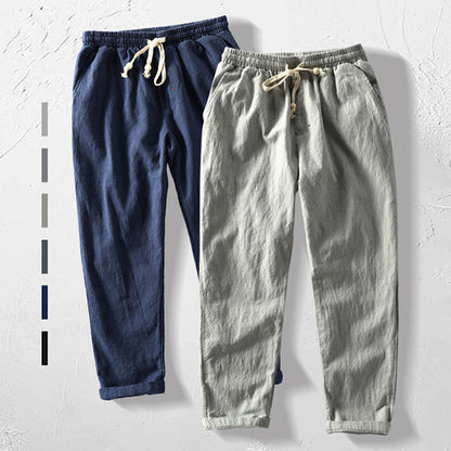Pantalones Hombre de Lino Corte Recto Cintura Elástica Ajustable