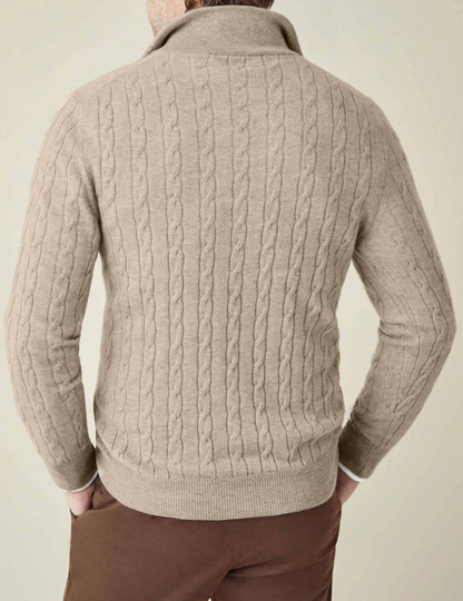 Jersey hombre de punto trenzado cuello alto con cremallera