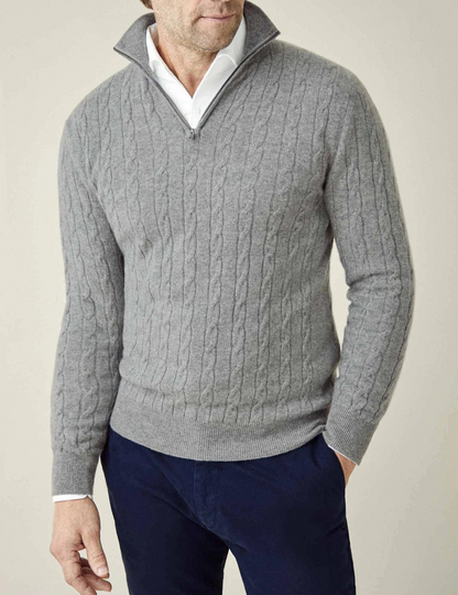 Jersey hombre de punto trenzado cuello alto con cremallera