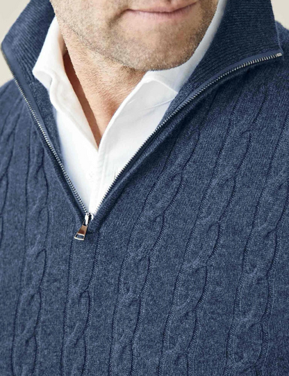Jersey hombre de punto trenzado cuello alto con cremallera