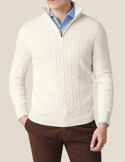 Jersey hombre de punto trenzado cuello alto con cremallera