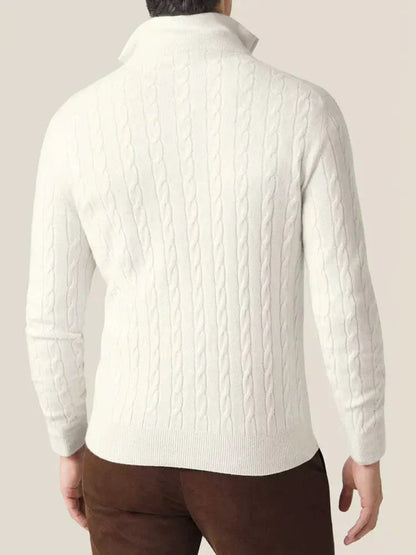 Jersey hombre de punto trenzado cuello alto con cremallera