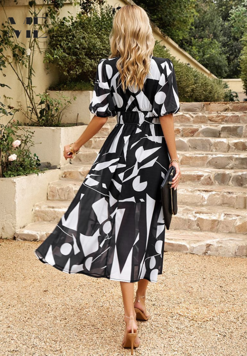 Vestido midi mujer Escote en V Mangas abullonadas