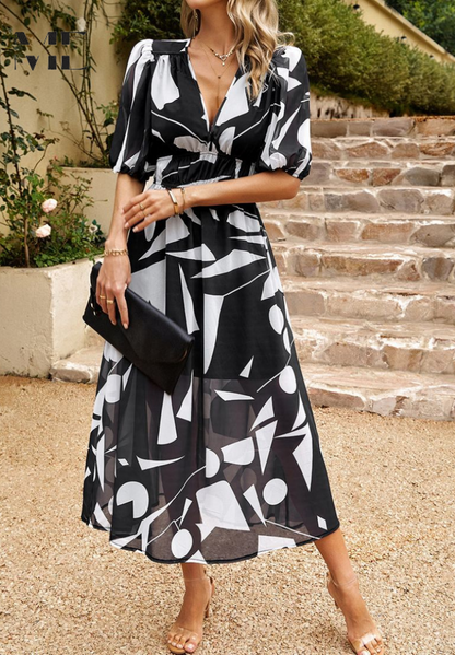 Vestido midi mujer Escote en V Mangas abullonadas