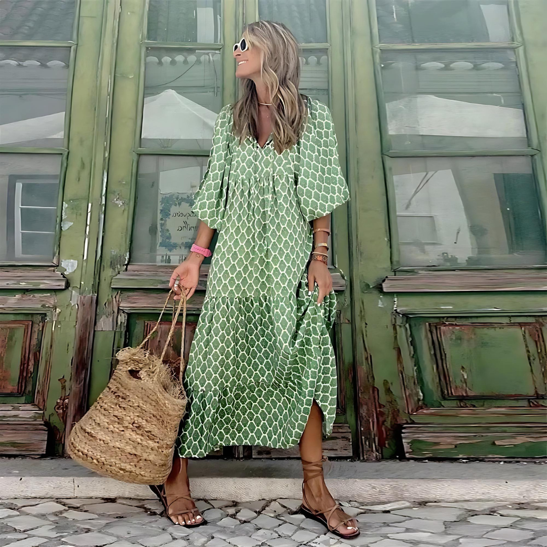Vestido Largo Mujer Estampado Geométrico Cuello en V Bohemio