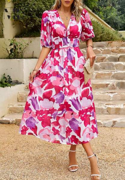 Vestido midi mujer Escote en V Mangas Abullonadas