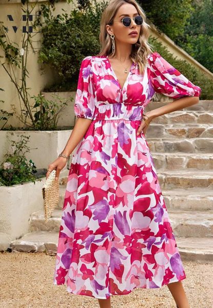 Vestido midi mujer Escote en V Mangas abullonadas