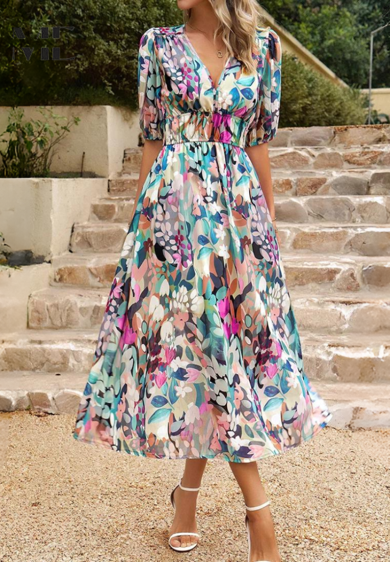 Vestido midi mujer Escote en V Mangas Abullonadas