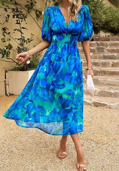 Vestido midi mujer Escote en V Mangas abullonadas