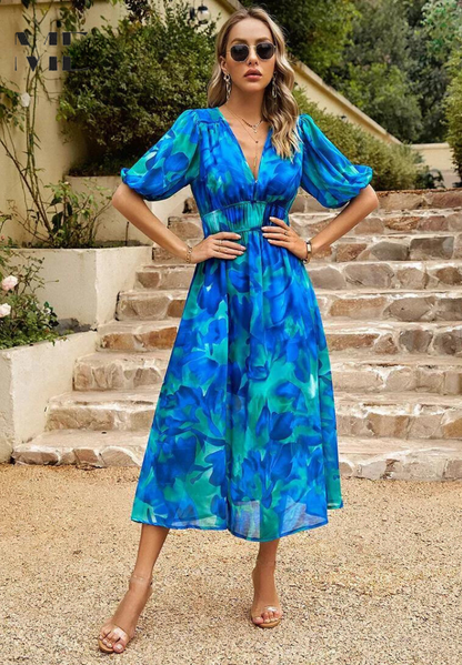 Vestido midi mujer Escote en V Mangas Abullonadas