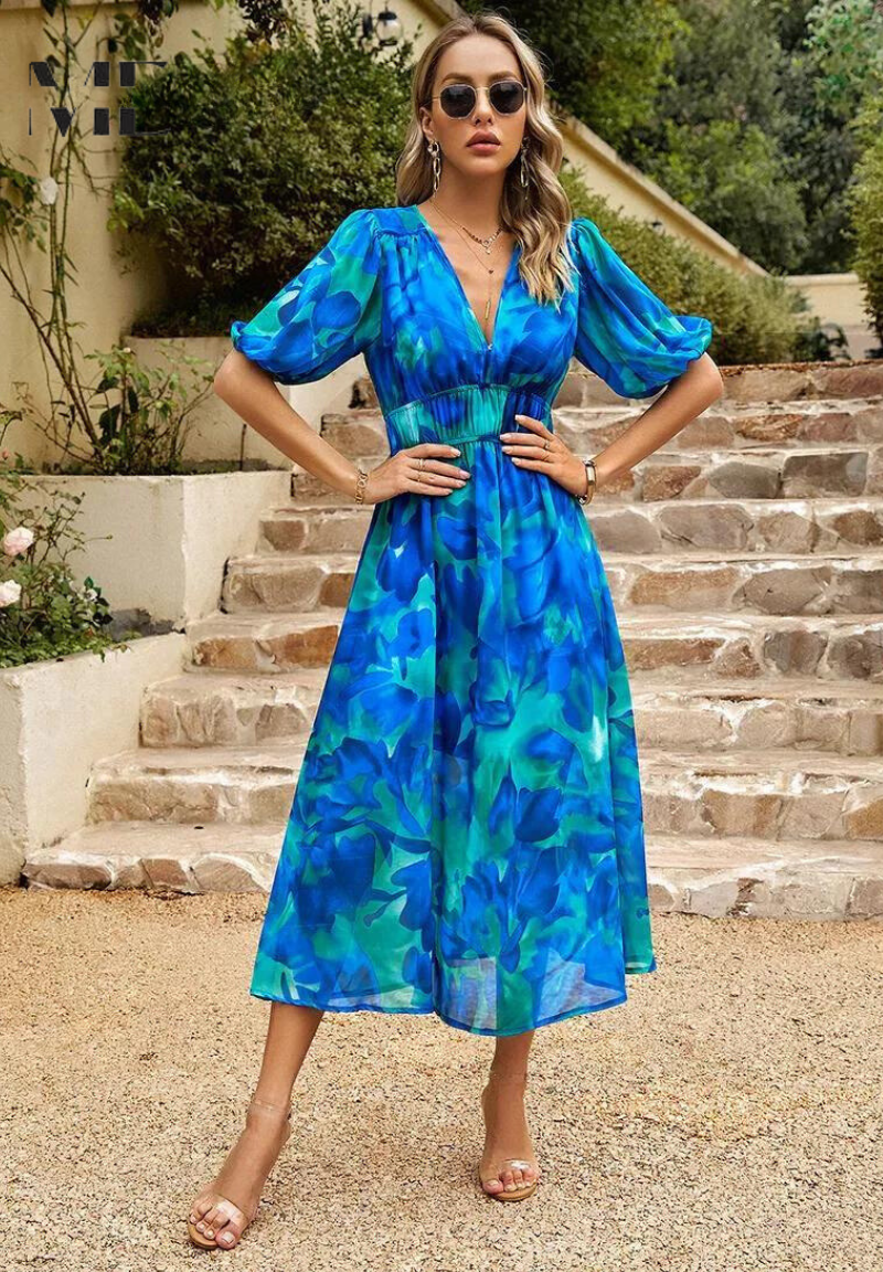 Vestido midi mujer Escote en V Mangas abullonadas