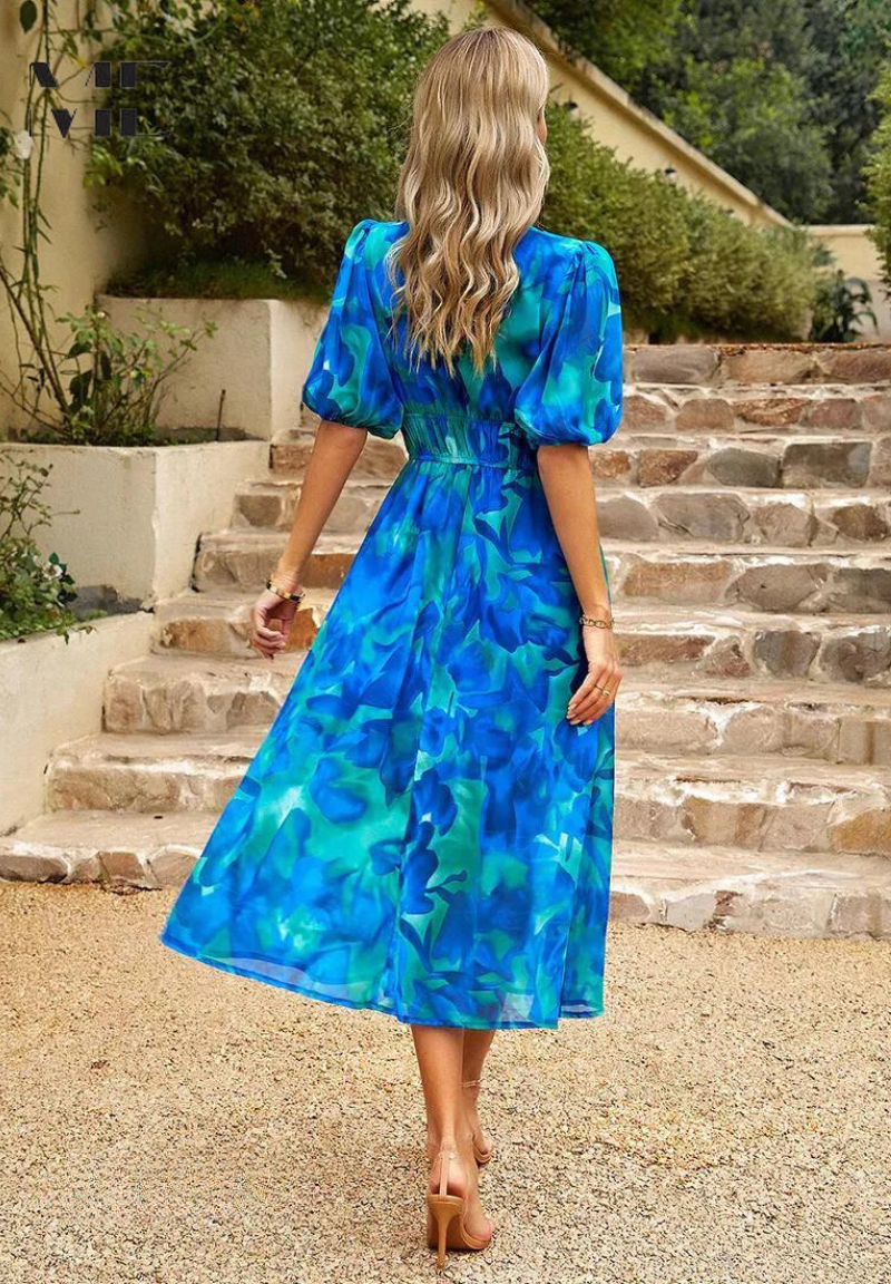 Vestido midi mujer Escote en V Mangas abullonadas