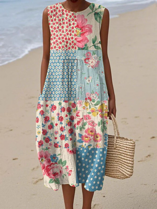 Vestido midi mujer sin mangas patchwork estampado floral y geométrico - Mavetta
