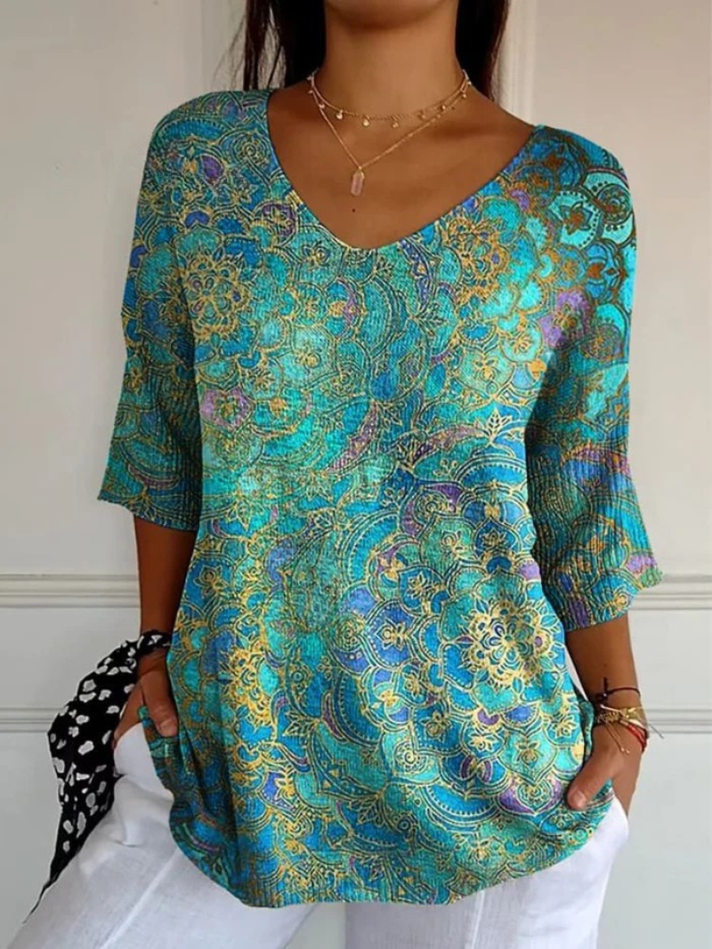 Blusa mujer fluida estampada escote en V estilo bohemio - Mavetta