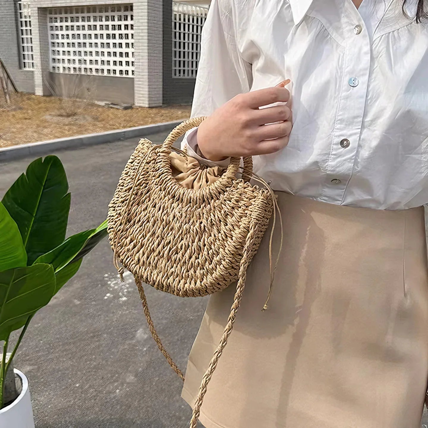 Bolso Mujer Tejido Asa Redonda Estilo Vintage Natural