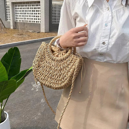 Bolso Mujer Tejido Asa Redonda Estilo Vintage Natural