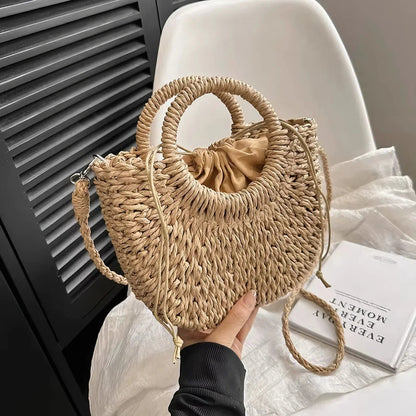 Bolso Mujer Tejido Asa Redonda Estilo Vintage Natural