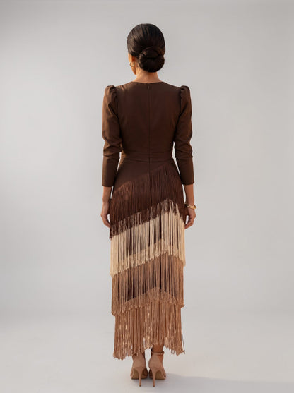 Vestido Mujer Elegante con Flecos Ajuste Clásico