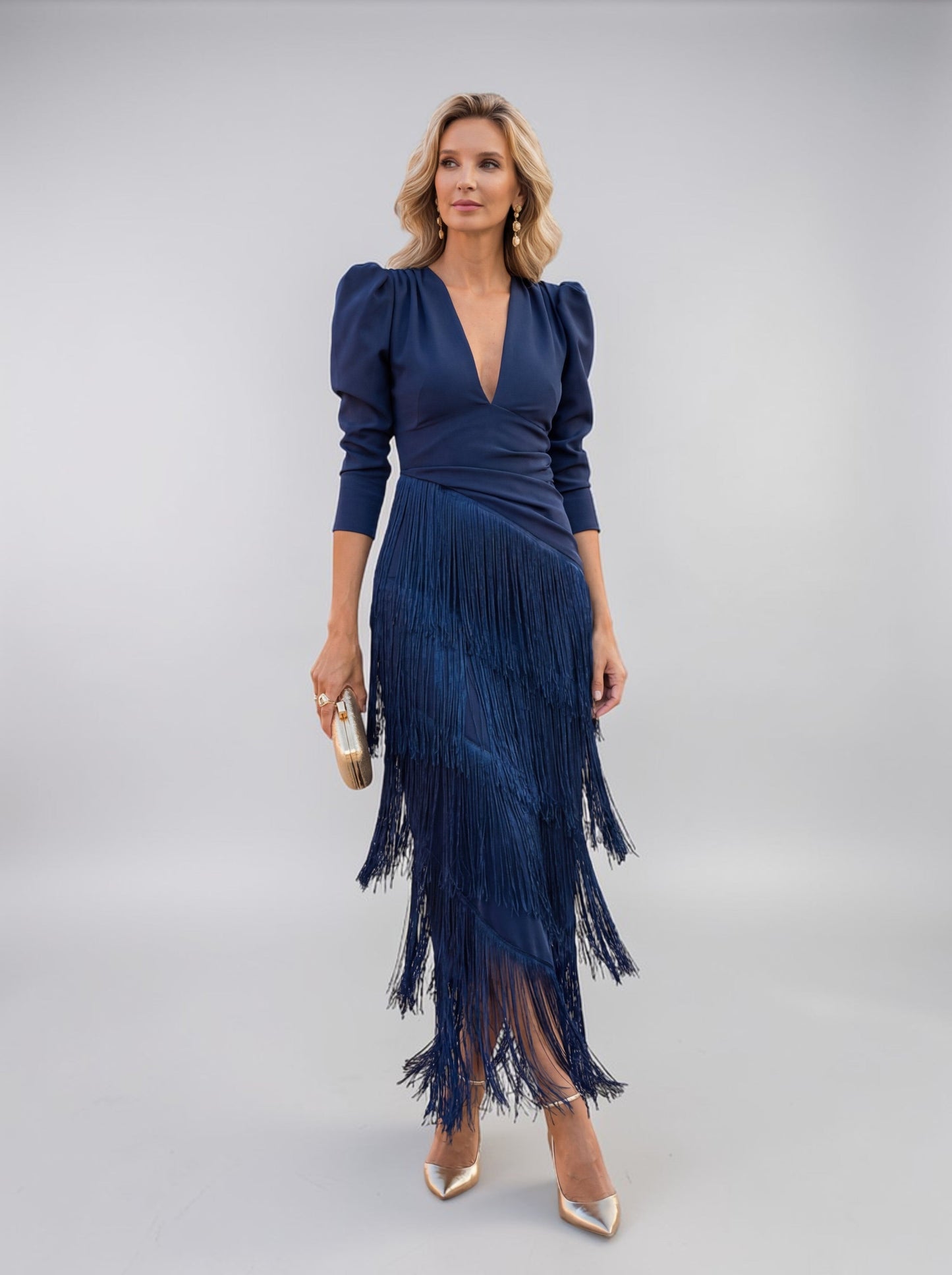 Vestido Mujer Elegante con Flecos Ajuste Clásico