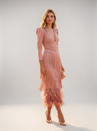 Vestido Mujer Elegante con Flecos Ajuste Clásico