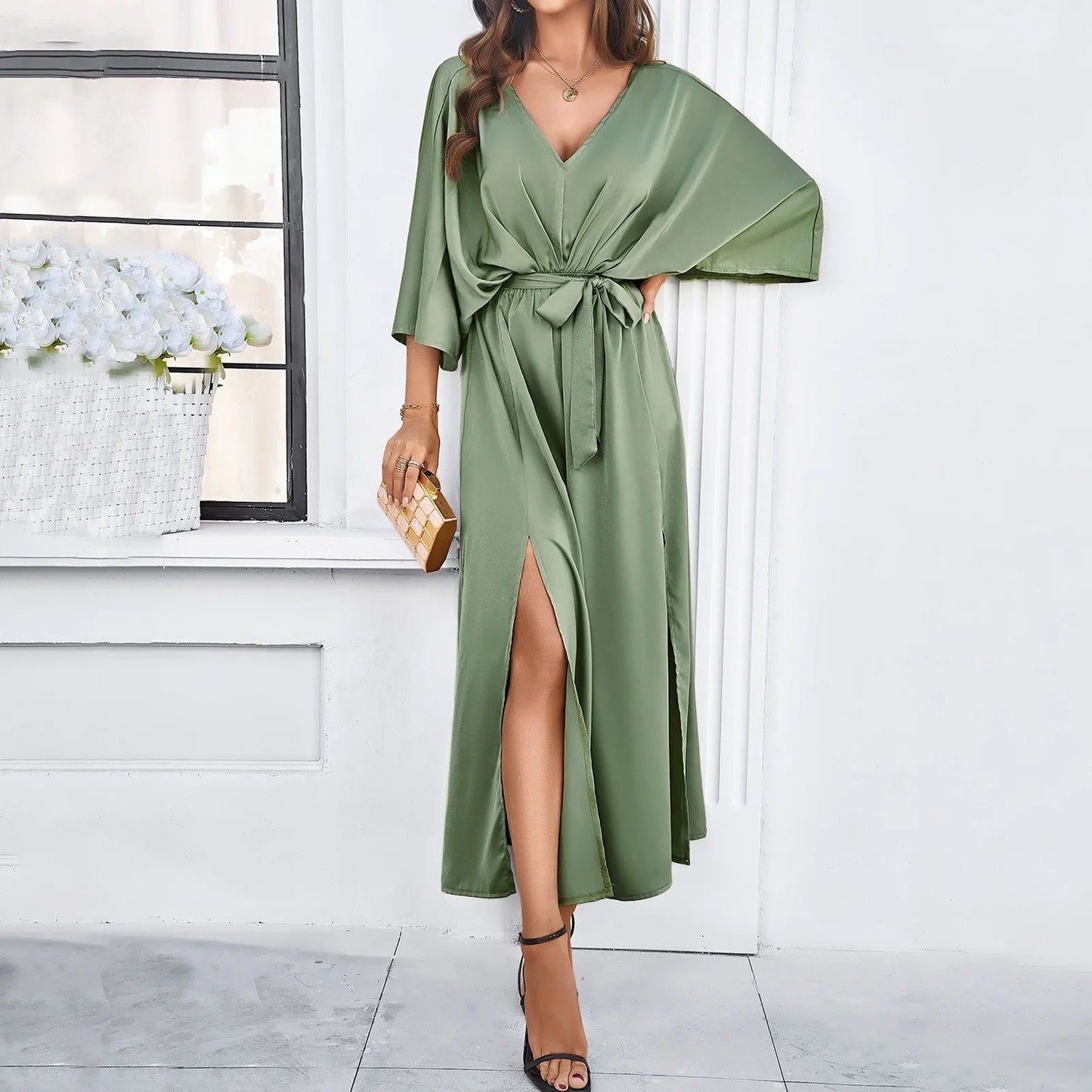 Vestido Maxi Mujer con Escote en V Abertura Lateral Suelto