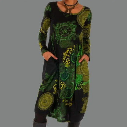 Vestido midi mujer manga larga estilo bohemio estampado