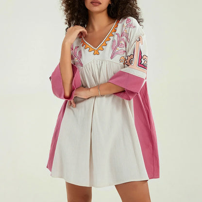 Vestido túnica mujer con bordados escote en V