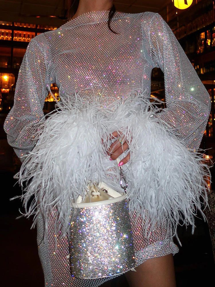 Minivestido Mujer de Lentejuelas con Puños de Plumas Ajustado