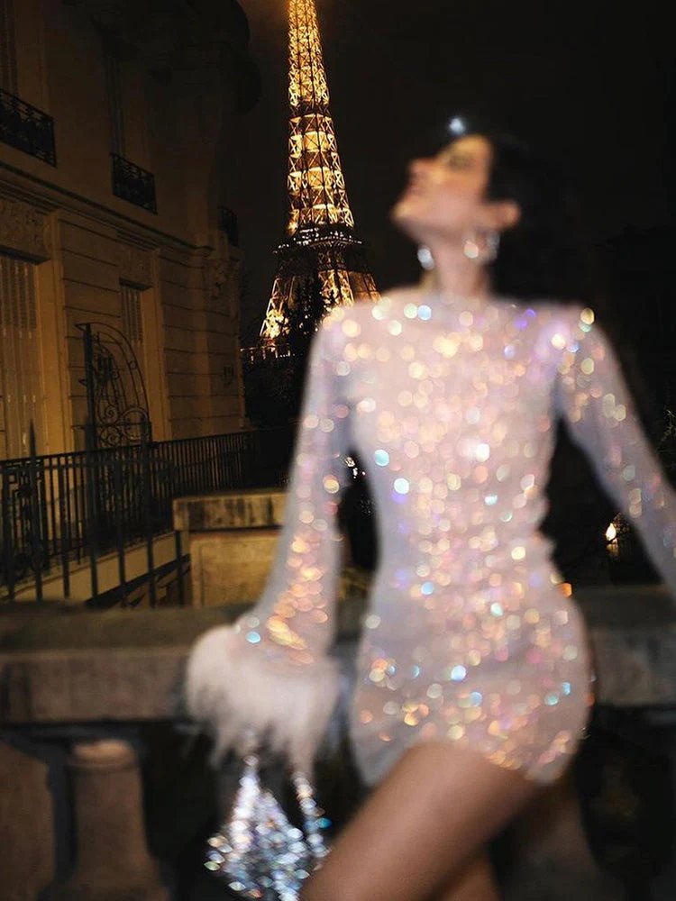 Minivestido Mujer de Lentejuelas con Puños de Plumas Ajustado