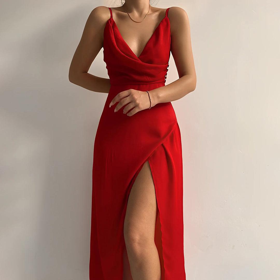 Vestido Largo Mujer de Satén con Abertura Alta
