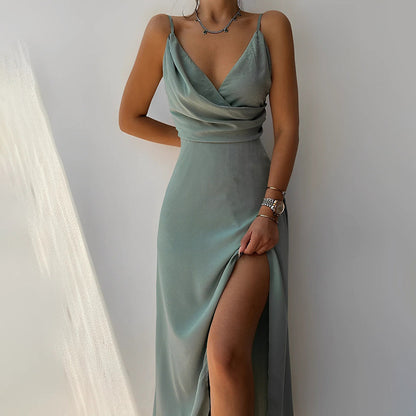 Vestido Largo Mujer de Satén con Abertura Alta
