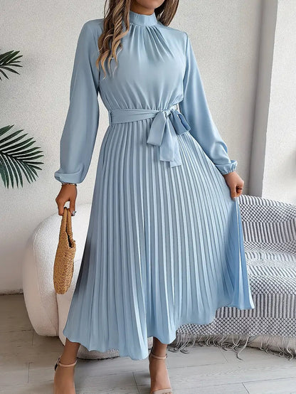 Vestido Midi Mujer Plisado con Cinturón y Manga Larga - Mavetta