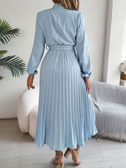 Vestido Midi Mujer Plisado con Cinturón y Manga Larga