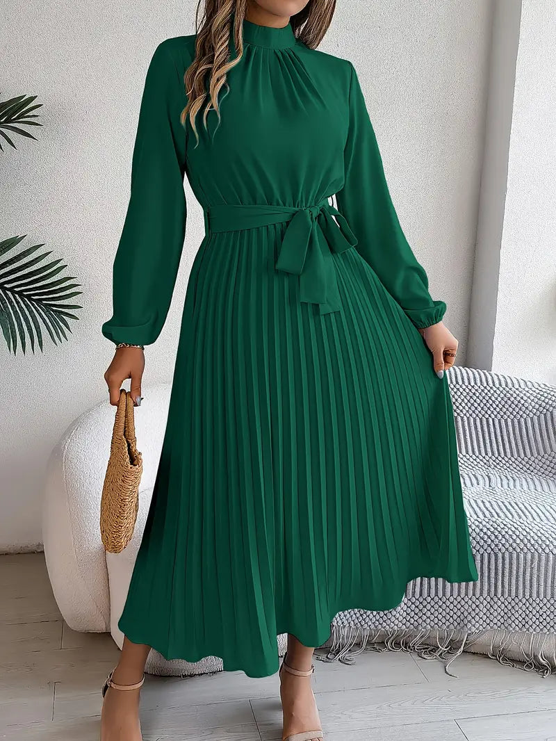 Vestido Midi Mujer Plisado con Cinturón y Manga Larga