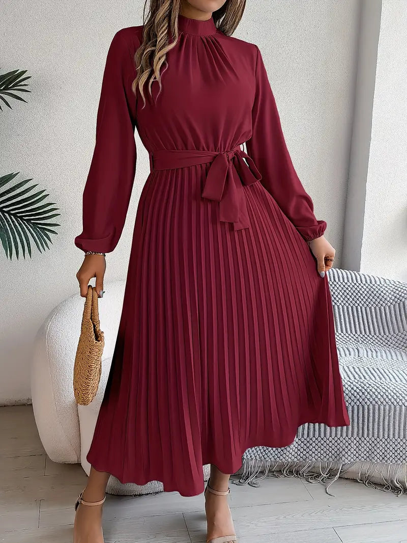 Vestido Midi Mujer Plisado con Cinturón y Manga Larga