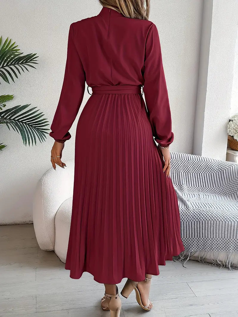 Vestido Midi Mujer Plisado con Cinturón y Manga Larga