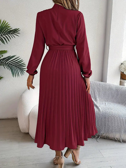 Vestido Midi Mujer Plisado con Cinturón y Manga Larga