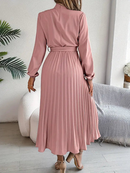 Vestido Midi Mujer Plisado con Cinturón y Manga Larga
