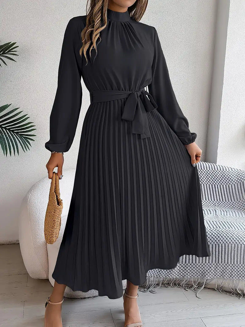 Vestido Midi Mujer Plisado con Cinturón y Manga Larga