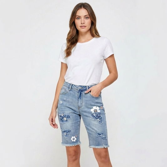 Bermudas Mujer Vaqueras Estampado Floral Bajos Deshilachados - Mavetta