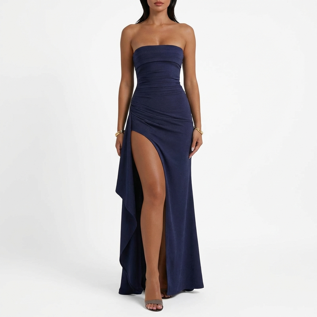 Vestido Maxi Mujer con Abertura Lateral y Drapeado Elegante