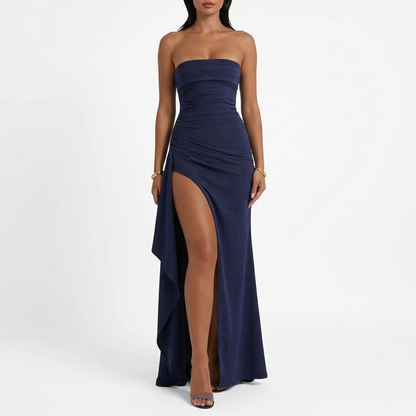 Vestido Maxi Mujer con Abertura Lateral y Drapeado Elegante