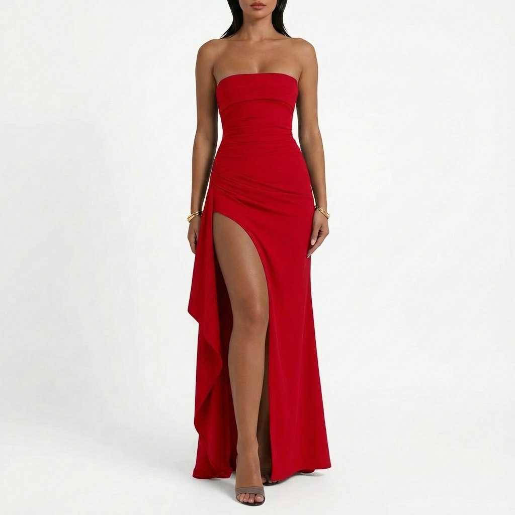 Vestido Maxi Mujer con Abertura Lateral y Drapeado Elegante